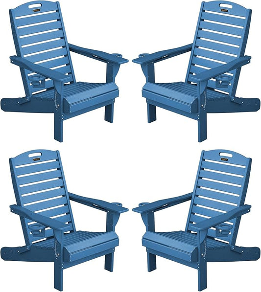 Adirondack Chairs Set of 4, Outdoor Fire Pit Chairs, HDPE All-Weather Adirondack Chairs with Cup Holder, Lawn Chair for Deck, Patio, Garden (NavyBlue)