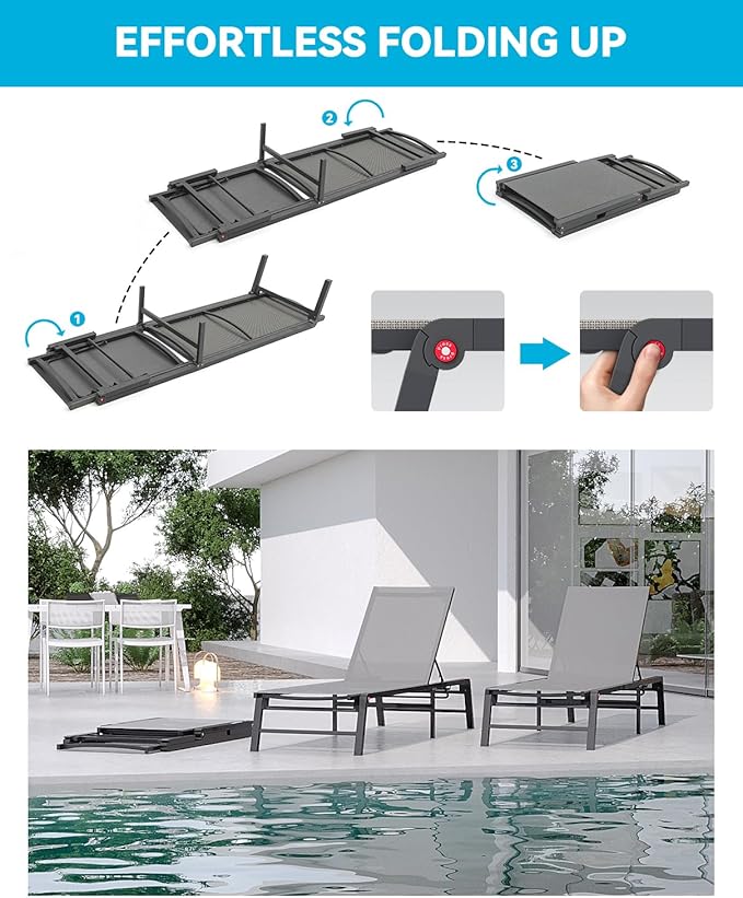 Aluminum Chaise Lounge Chair Outdoor, Foldable Patio Lounge Chair Assemble-Free, Pool Lounge Chairs with 5 Adjustable Backrest, Outdoor Lounge Chairs for Outside Poolside Beach Lawn Grey