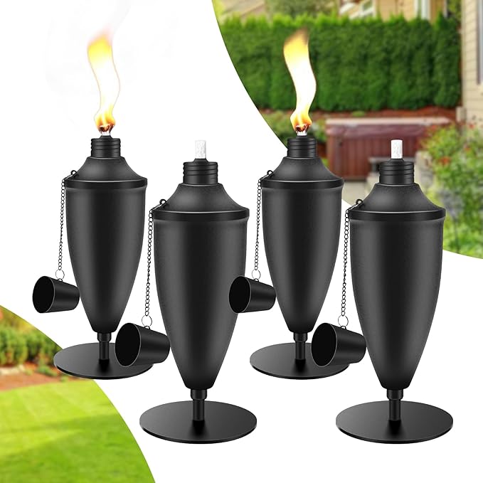 4 Pack Metal Tabletop Torches,22 oz Citronella Torches for Outside, Refillable Outdoor Flame Torch Light, Comes with Wicks and Covers, Ideal for Parties, Landscape, Garden Decor, DIY
