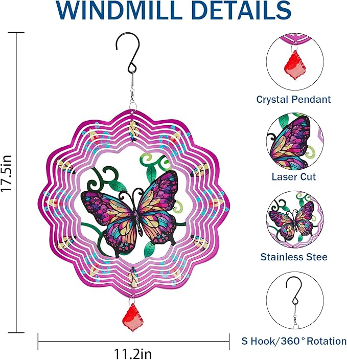Butterfly Metal Wind Spinners - 12 Inch Hanging Metal Wind Spinner for Outdoor & Indoor Decor, Butterfly Kinetic Sculpture for Christmas Ornament Gifts, Yard Art and Garden Decorations
