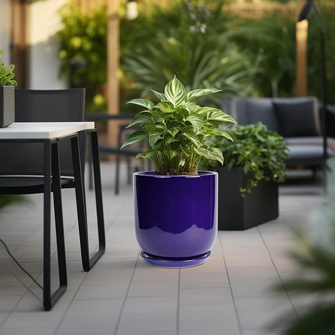 Ceramic Planter - 12 Inch Pots for Plants Ceramic Plant Pot Indoor with Drainage Hole and Saucer Large Planter Flower Pot Outdoor for Home Garden Decor Blue