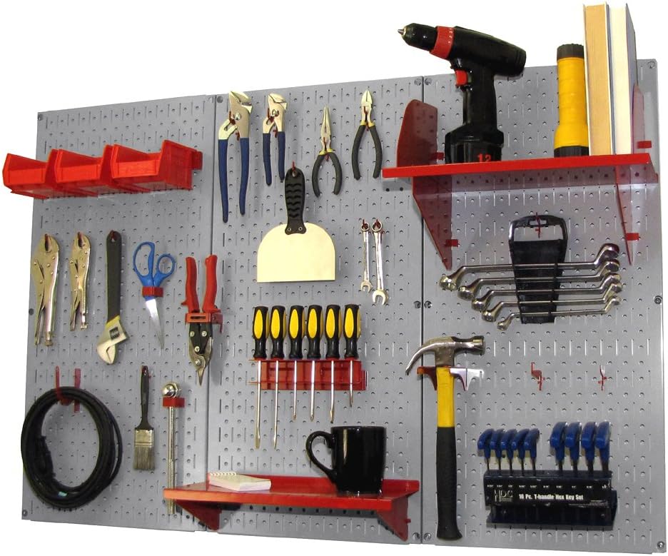 Wall Control Pegboard Organizer 4 ft. Metal Pegboard Standard Tool Storage Kit with Gray Toolboard and Red Accessories