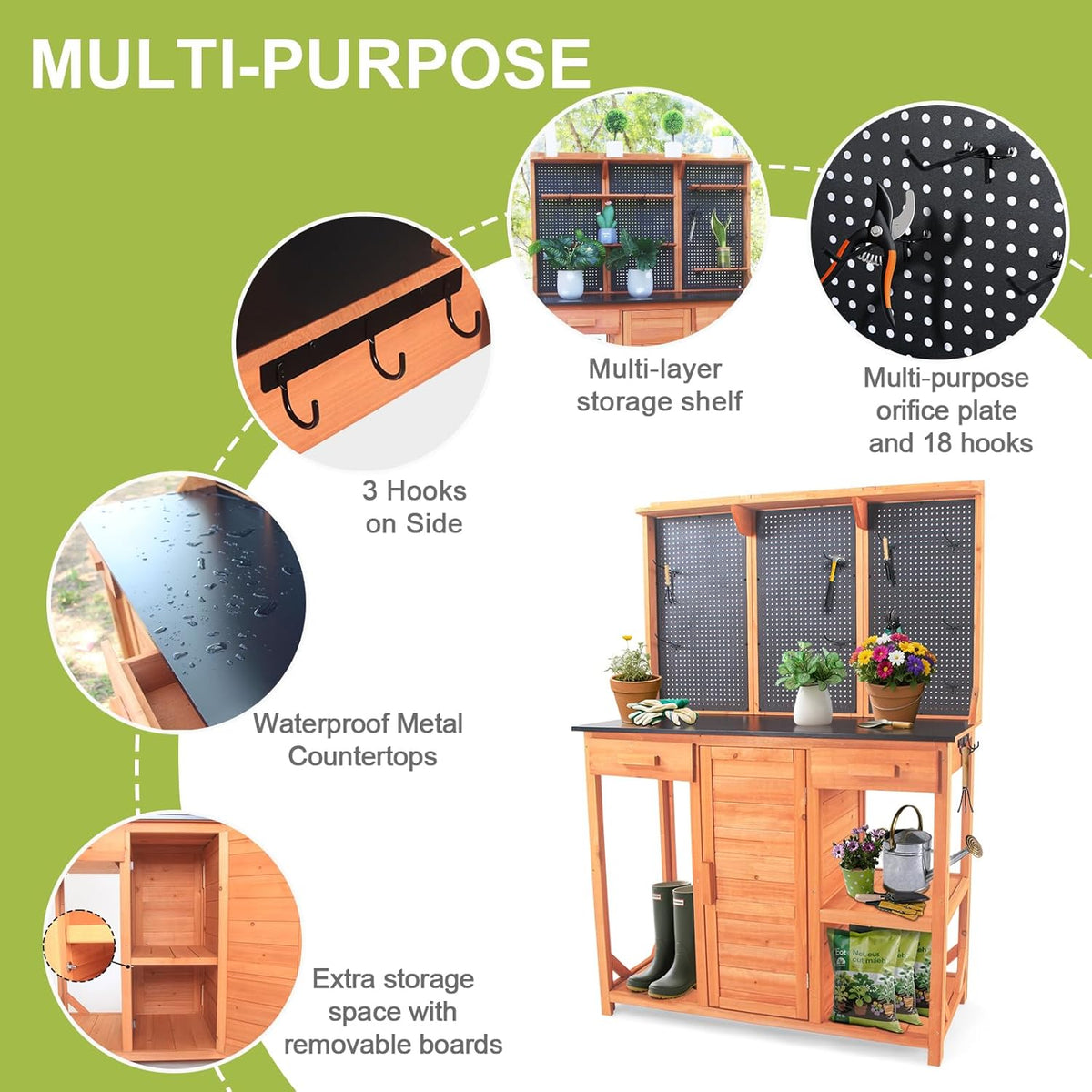 Outdoor Potting Bench,Wooden Potting Table with Metal Tabletop,Garden Work Bench with Drawer and Free Matching Storage Cabinet Shelf/Hooks for Backyard,Patio,Greenhouse (Black, 40 * 59 * 20in)