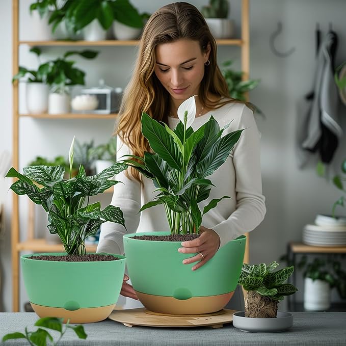 8/10/12 Inch Pots for Indoor Plants, Large Self Watering Planters with Drainage and Saucers, Plastic Outdoor Flower Pot, Set of 3, Green