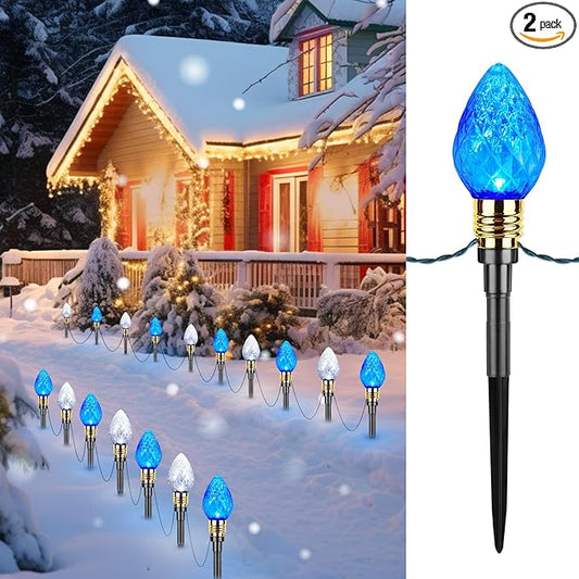 Brightown 2 Pack Strawberry C9 Pathway Lights Outdoor - Total 34.8 Feet 20 LED C9 Walkway Lights, Christmas Outside Decorations for Lawn Holiday, Blue & Pure White