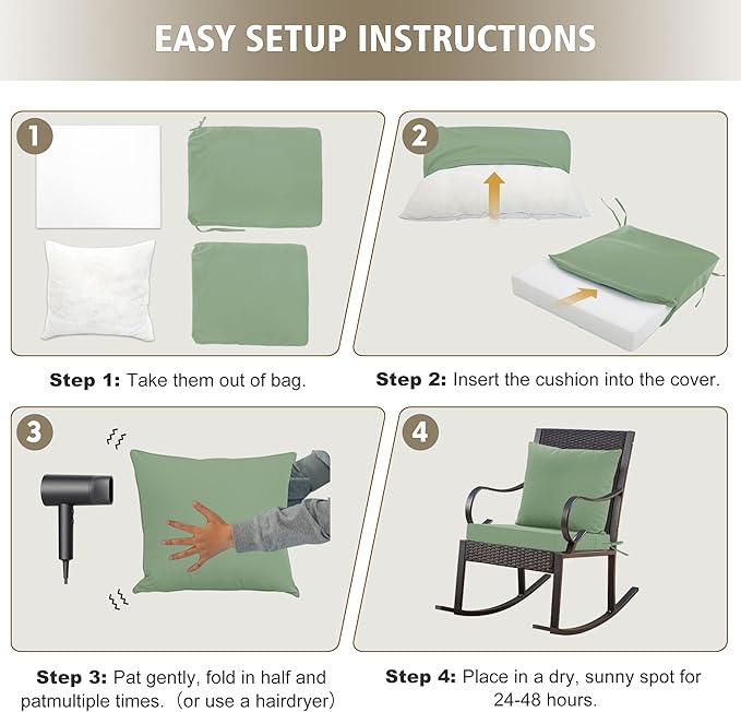 24x24 Inch Outdoor Cushions for Patio Furniture, Waterproof Outdoor Chair Cushions w/Fade-Resistant, Removable & Machine-Washable Covers, Deep Seat Sofa/Couch Pads Replacement, Sage Green