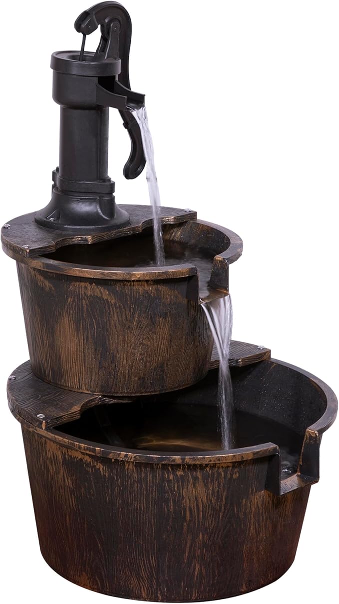 Alpine Corporation - Outdoor Rustic 2-Tiered Barrel and Pump Water Fountain – Bronze Finish, Relaxing Water Flow, Ideal for Garden, Patio, & Yard Décor, 27"H