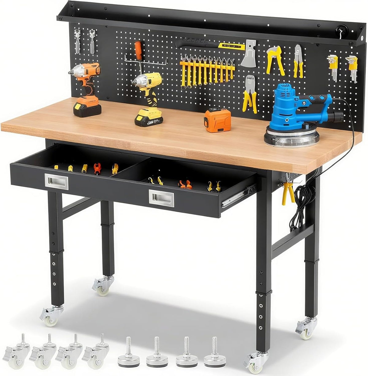 Workbench with Wheels 60 Inch Heavy Duty Rubberwood Tabletop Work Bench for Garage Adjustable Height Work Table with Pegboard, Drawers, Power Outlets for Woodworking, Home, Office, Workshop