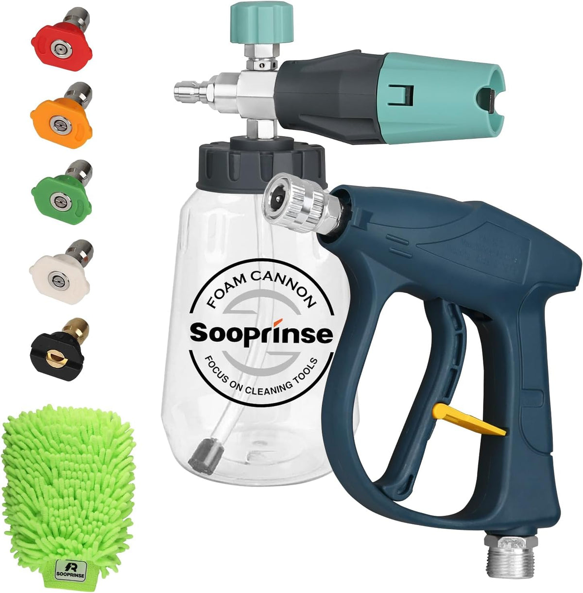 Sooprinse Short Pressure Washer Gun with Foam Cannon, High Pressure Washer Gun Snow Foam Lance with 1/4 Inch Quick Connector, 5 Nozzle Tips with Car Wash Mitt, 3000 PSI, 1 Liter