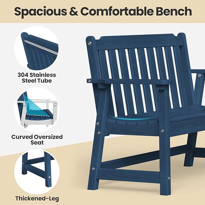 Ciokea 46" Heavy Duty Outdoor Bench Set of 2, HDPE Weatherproof Garden Bench, 2-Person Memorial Benches with 660 Lbs, Waterproof Patio Porch Benches for Outside Business Office Backyard, Navy Blue