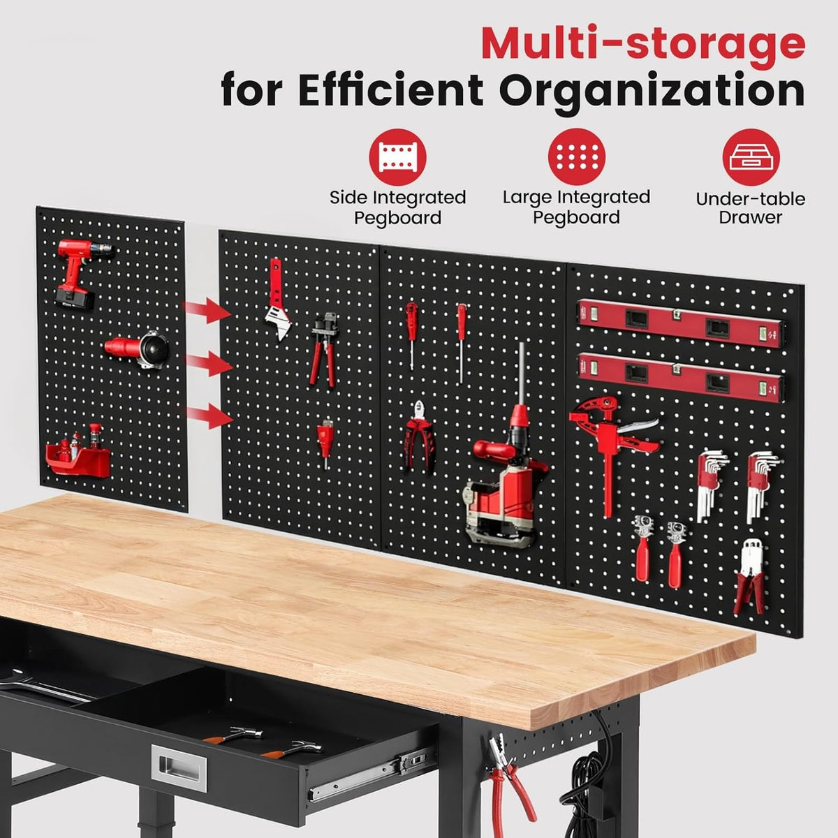 Workbench for Garage 60 x 22 Inch Adjustable Height Work Table with Drawers Heavy Duty Rubberwood Tabletop Work Bench with Pegboard, Power Outlets for Office Home Commercial