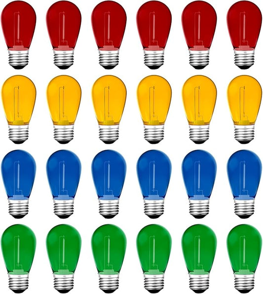 24Pack S14 Colored LED String Light Bulbs,1Watt Plastic Shatterproof Waterproof Outdoor Indoor Replacement Bulbs for Home Decor, E26 Medium Base, Multi-Color: Red/Green/Blue/Orange