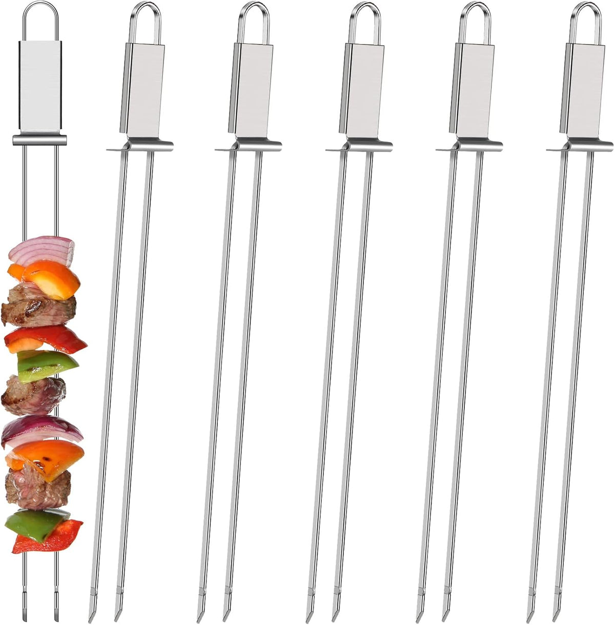 Lallisa Kabob Skewer for Grilling, Metal Stainless Steel BBQ Stick with Push Bar, Double Pronged Kebab Tool Quick Release Meat, Chicken, Vegetable and Fruit (6 Pieces), 2.8 x 32.5 cm/ 1.1 12.8 inch