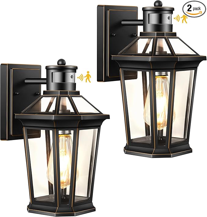 VIANIS Motion Sensor Exterior Light Fixture, 2 Pack Dusk to Dawn Outdoor Light Wall Mount, Anti-Rust Aluminum Outside House Lights, Farmhouse Coach Lantern for Porch, Entryway, Garage, Front Door