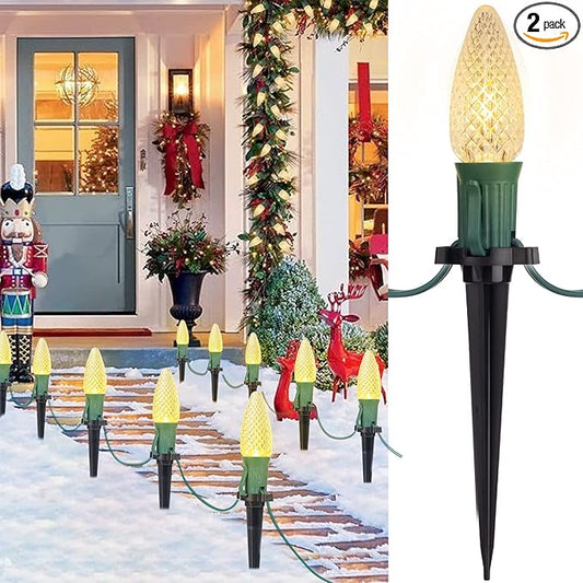 C9 Christmas Pathway Lights Outdoor, 25.7 Feet 20 LED C9 Strawberry Walkway Lights with Marker Stakes, Connectable Shatterproof C9 String Lights for Lane Outside Yard Decorations, Warm White, 2 Pack