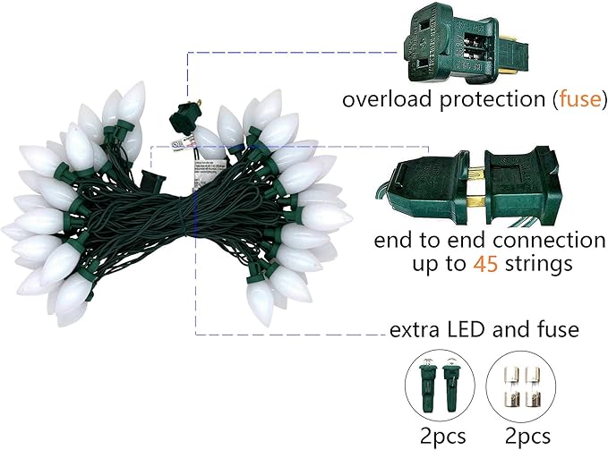 C9 Christmas Lights Outdoor 50 LED Cool White Strawberry 34.5ft Waterproof Xmas String Light for Garden Yard Home Party Holiday Christmas Tree Indoor Decoration(Cool White)