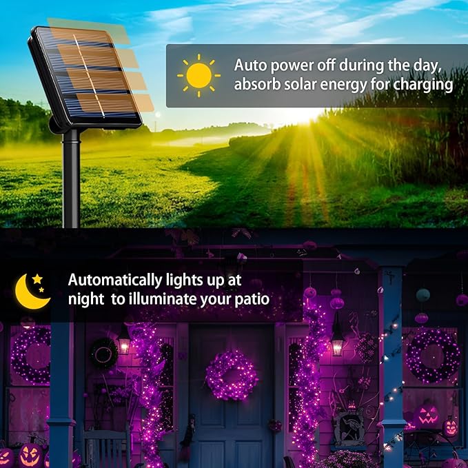 6-Pack Solar String Lights, 600 LED Extra-Long 236Ft Solar Halloween Lights Outdoor Waterproof, 8 Modes Led Halloween Lights for Garden, Patio, Wedding(Purple & Orange)
