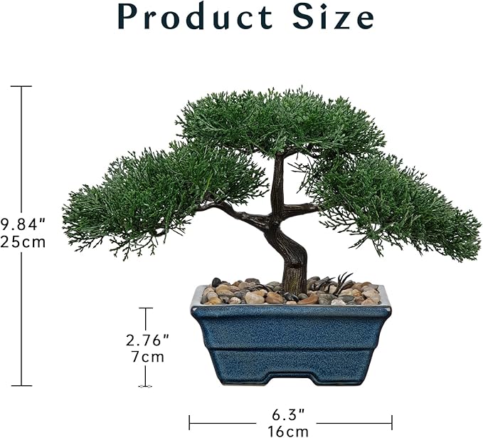 Artificial Bonsai Tree Juniper Faux Plants Indoor Fake Plants Decor with Blue Ceramic Pots for Home Table Office Desk Bathroom Shelf Bedroom Living Room Farmhouse Decorations-Pine