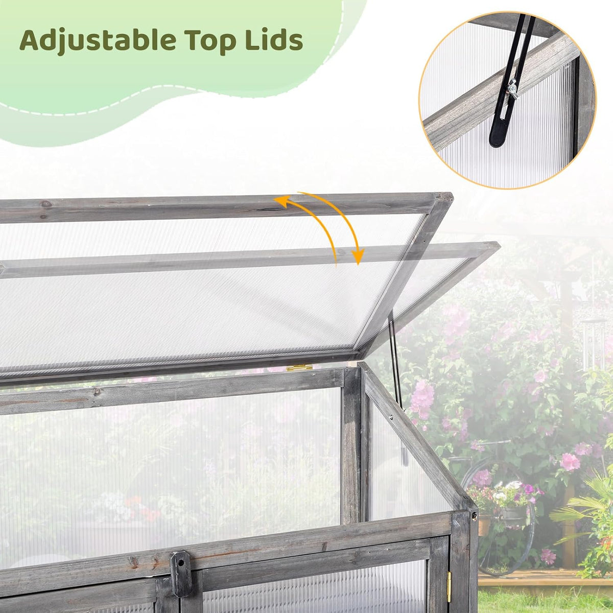 VINGLI Cold Frame Greenhouse, Mini Wooden Green House with Flip-Top Roof, Raised Flower Planter Shelf, Small Lockable Wood Cabinet for Plants Indoor Outdoor (Grey, 35.43" x 14.37" x 27.36")
