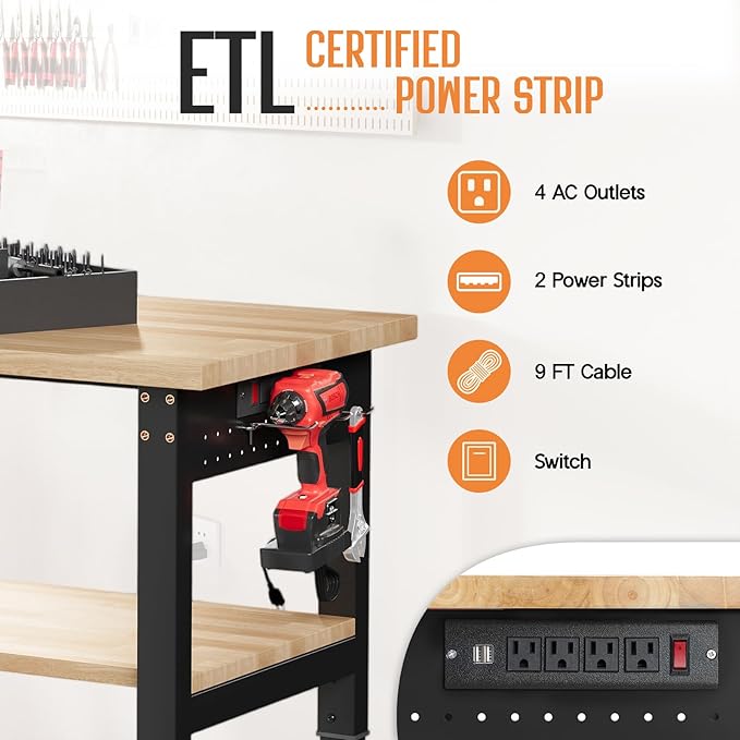 Albott 84" Adjustable 2-Tier Workbench with Solid Wood Top, Max 2000lbs Capacity, Built-in Power Strip with 4 AC Outlets & 2 USB Ports, Pegboard & 20 Hooks, Shop Garage Office