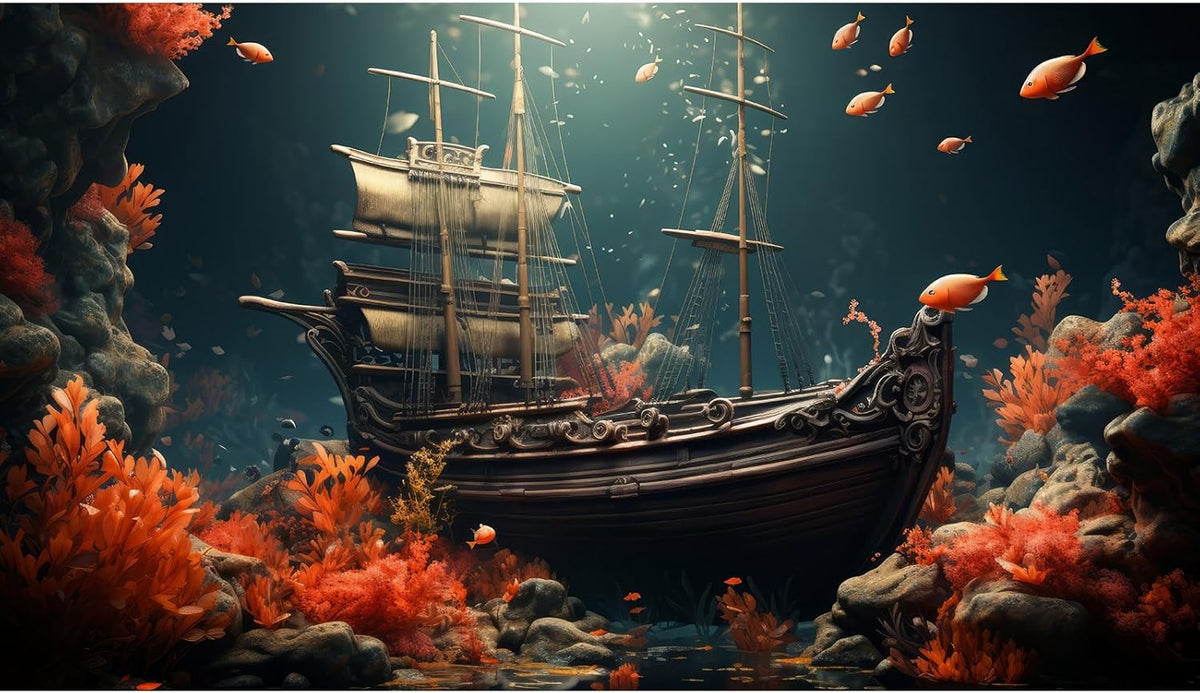 Pirate Shipwreck Aquarium Background Under The Sea Coral Reefs Fish Tank Background Underwater Sunken Ship Landscape Terrarium Background Tropical Sea Marine Life Aquarium Tank Background 72x16in