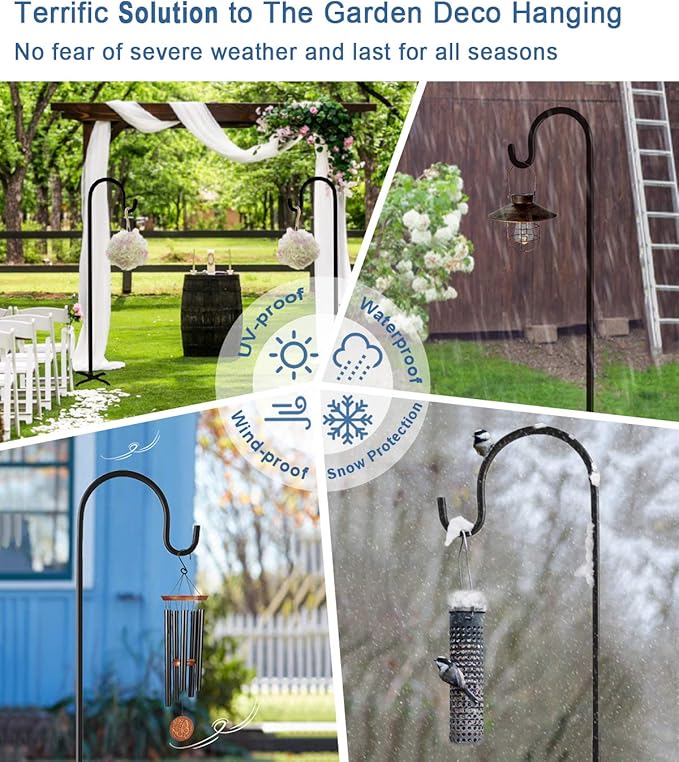 92 Inch Outdoor Shepherd Hooks with 5 Pronger Base (2 Packs), Adjustable Heavy Duty Garden Hanging Stand Holder for Bird Feeders Lanterns Planter Hanger, Matte Black