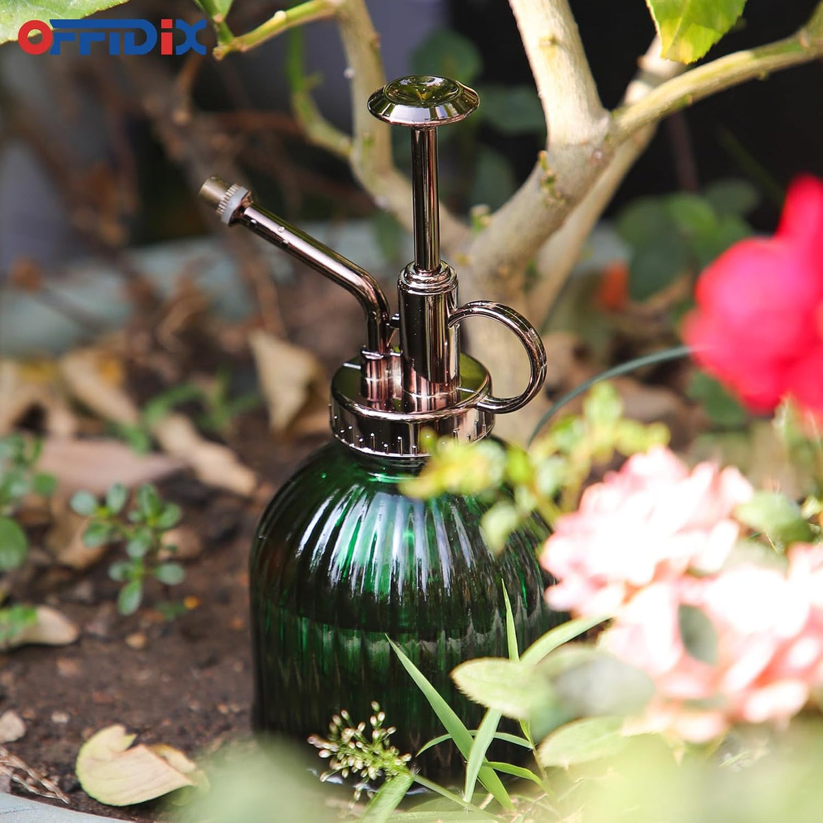 OFFIDIX Plant Mister Spray Bottle Glass Mister for Inside 6.3" Tall Vintage Style with Bronze Plastic Top Pump One Hand Watering Can for Indoor Potted Plants Terrariums Green