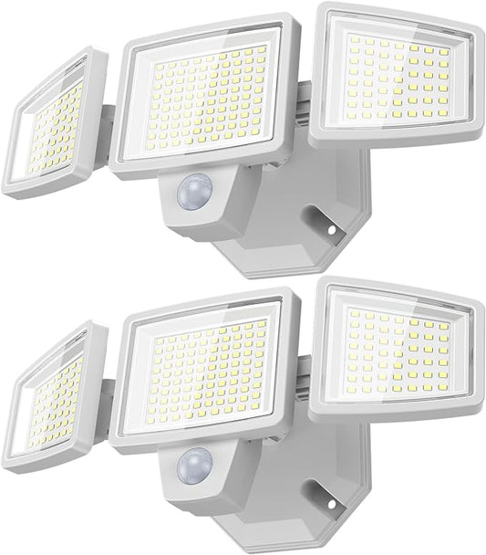65W LED Flood Light Outdoor, 6500LM, Waterproof, 6500K Motion Sensor Flood Lights Outdoor with Adjustable 3 Head Detected Floodlight for Outside Entryway Garage, Yard, Porch, White, 2 Pack