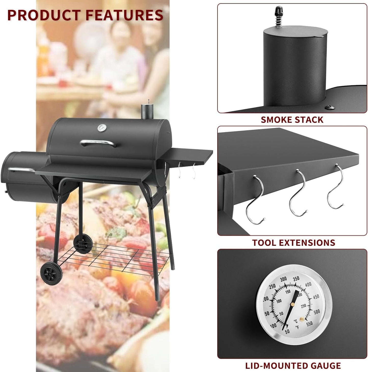 Charcoal Grill with Offset Smoker,BBQ Grills with Side Table,Outdoor Cooking with 714 Square Inches,Backyard Camping Picnics, Patio and Parties, Black by DNKMOR