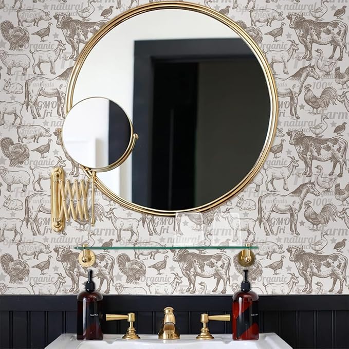 Boho Rustic Farm Animals Cow Rooster Horse Turkey Peel and Stick Wallpaper Self Adhesive Removable Easy Peel Off Stick on Wall Paper for Bedroom Cabinet Renter