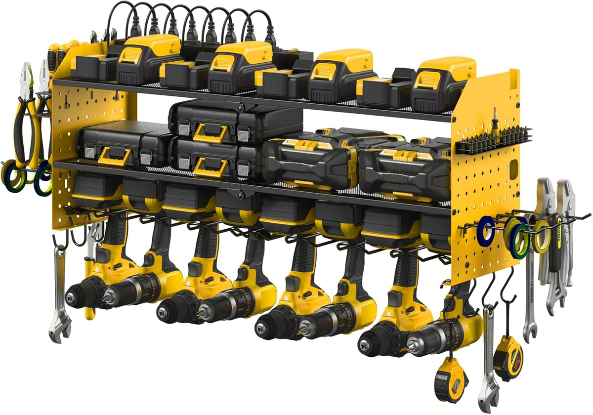 JUNNUJ Large Pegboard Power Tool Organizer with Charging Station, 8 Drills Driver and Tools Battery Holder Wall Mount with 8 Outlet Power Strip, Yellow 3-Layer Shop Garage Storage Utility Rack