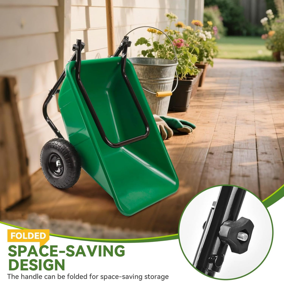 Folding Dual-Wheel Wheelbarrow,Heavy-Duty 330 LB Garden cart,10 inch Air-Filled Tires,Home Garden Yard Utility for Outdoor Lawn Yard Farm Ranch(Green)