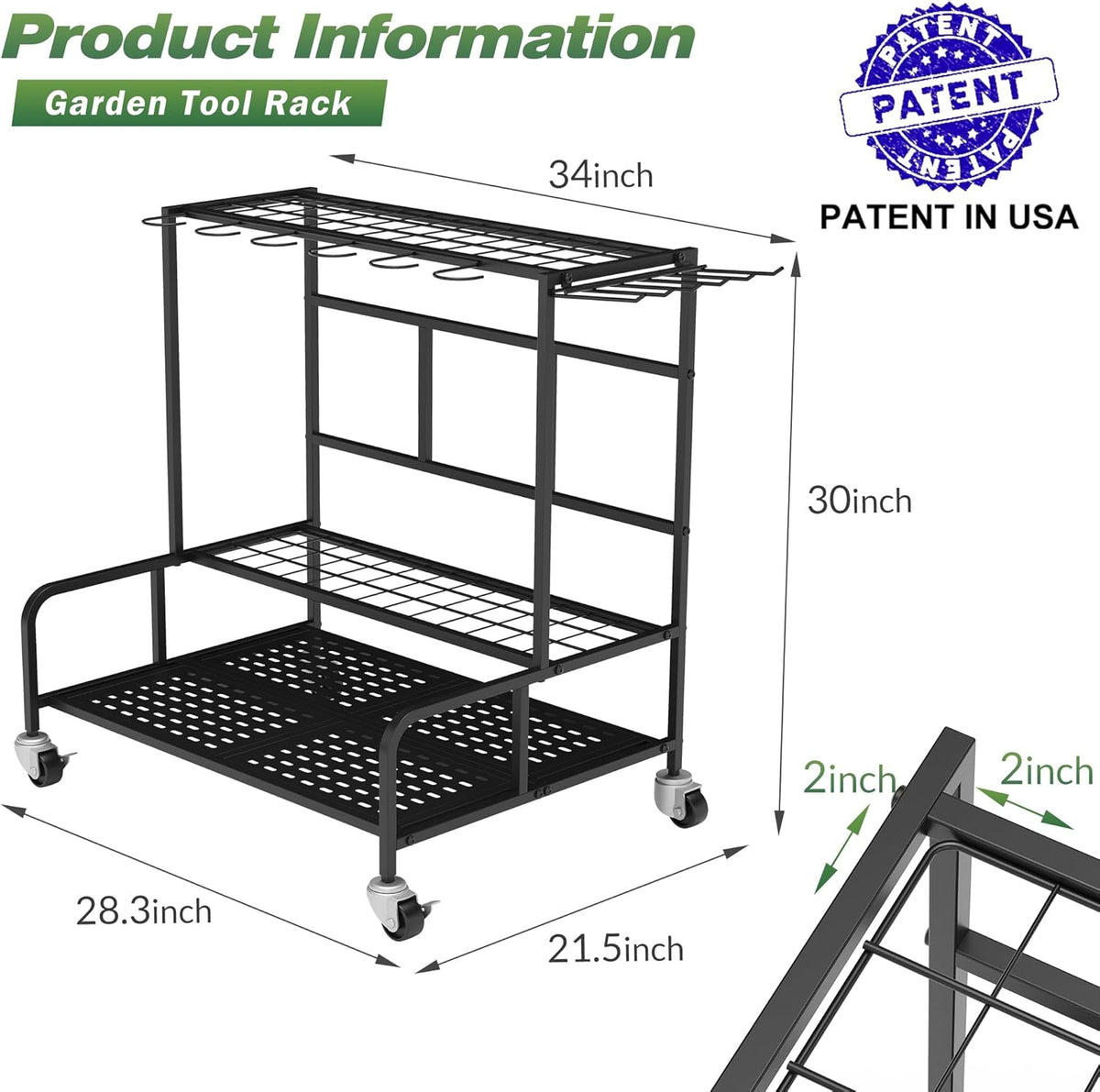 Garden Tool Organizer Rack with Wheels Up to 39 Tools, Heavy-Duty Steel Yard Tool Organizer for Garage Storage with 12 Hooks, Broom Holder & Garden Tool Rack for Shed, Patio, Outdoor Use, Black