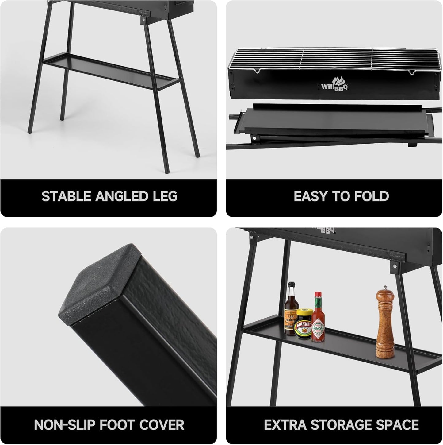 Charcoal Grills Commercial Quality Portable Multiple Size Hibachi BBQ Lamb Skewer Folded Camping Barbecue Grill for Backyard Party Picnic Use(31.6x7.1x5.1 inch With Accessories),BLACK