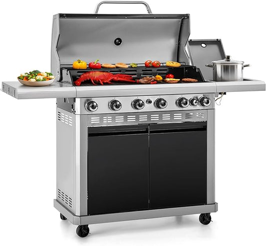Captiva Designs 6-Burner Propane Gas BBQ Grill with Side Burner & Porcelain-Enameled Cast Iron Grate and Plate for Outdoor Barbucue Events, 52,000 BTU Output,740 SQ.IN. Cooking Area，Heavy Duty