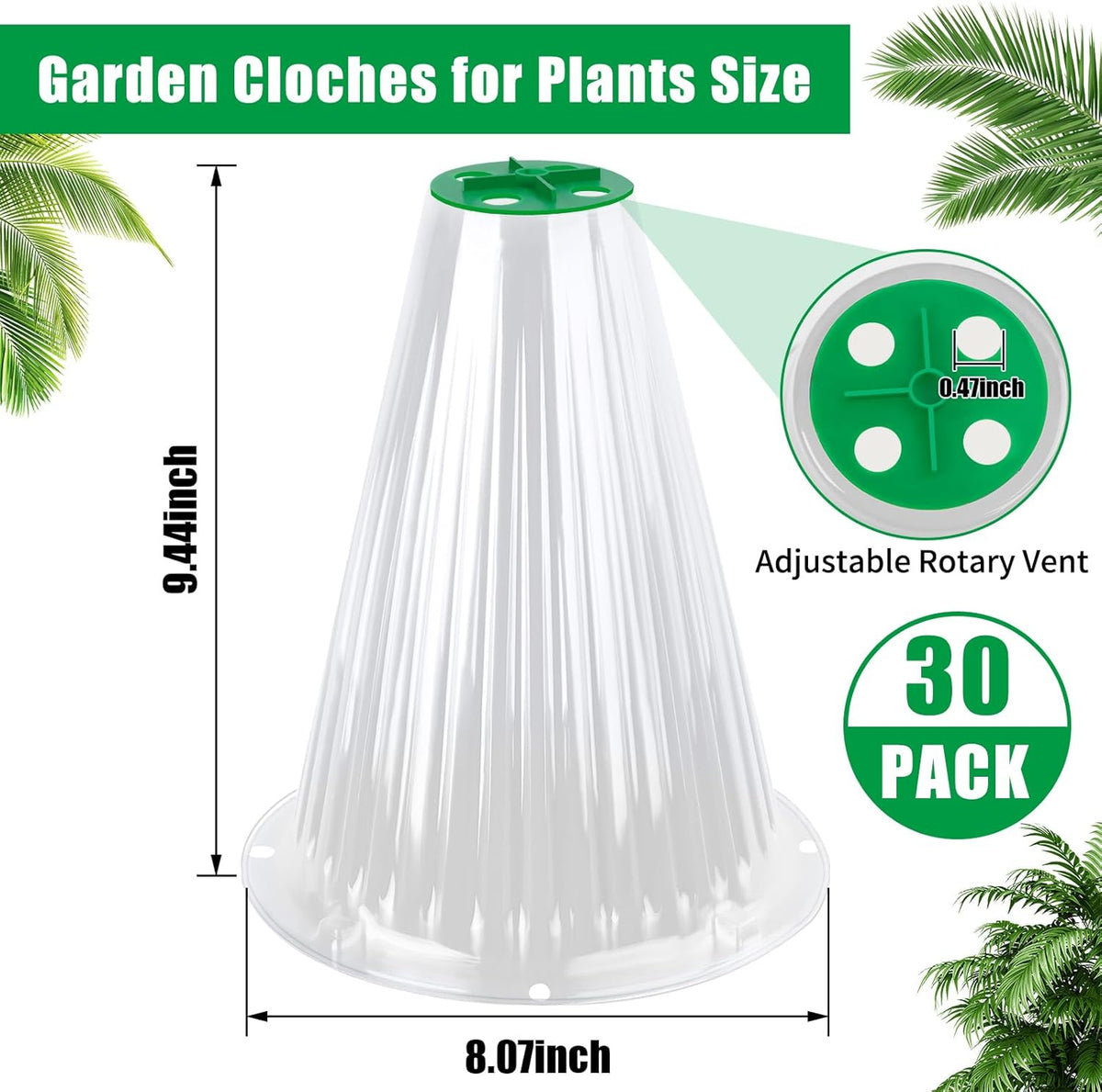 UQM 30 Pack Garden Cloches for Plants, Reusable Bell Plant Protector with Rotary Vent Cover, Garden Protection from Animals Snails Birds Chickens Insect, 9.44" H X 8.07" D (Clear)