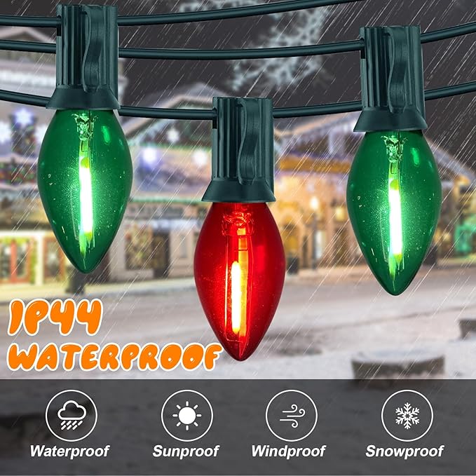 C7 LED Christmas Lights Multicolor 25Ft Outdoor Christmas Decoration Lights with 27 Red Green LED Bulbs, Vintage Christmas Lights for Christmas Tree Carnival Patio Wedding Holiday Pathway Lighting