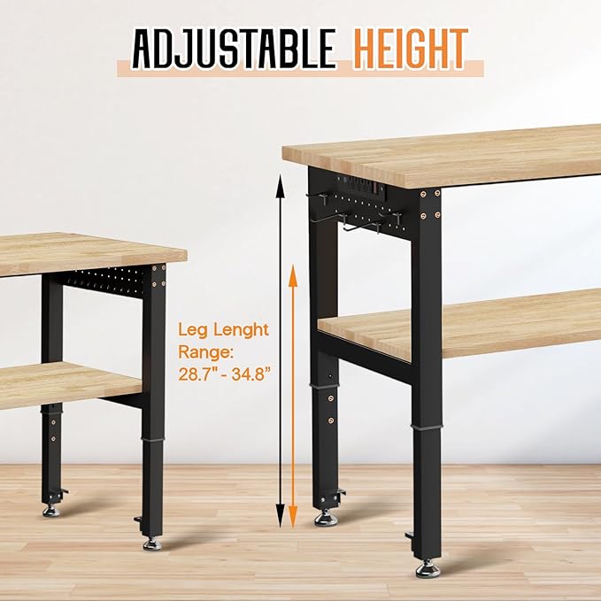 Albott 84" Adjustable 2-Tier Workbench with Solid Wood Top, Max 2000lbs Capacity, Built-in Power Strip with 4 AC Outlets & 2 USB Ports, Pegboard & 20 Hooks, Shop Garage Office