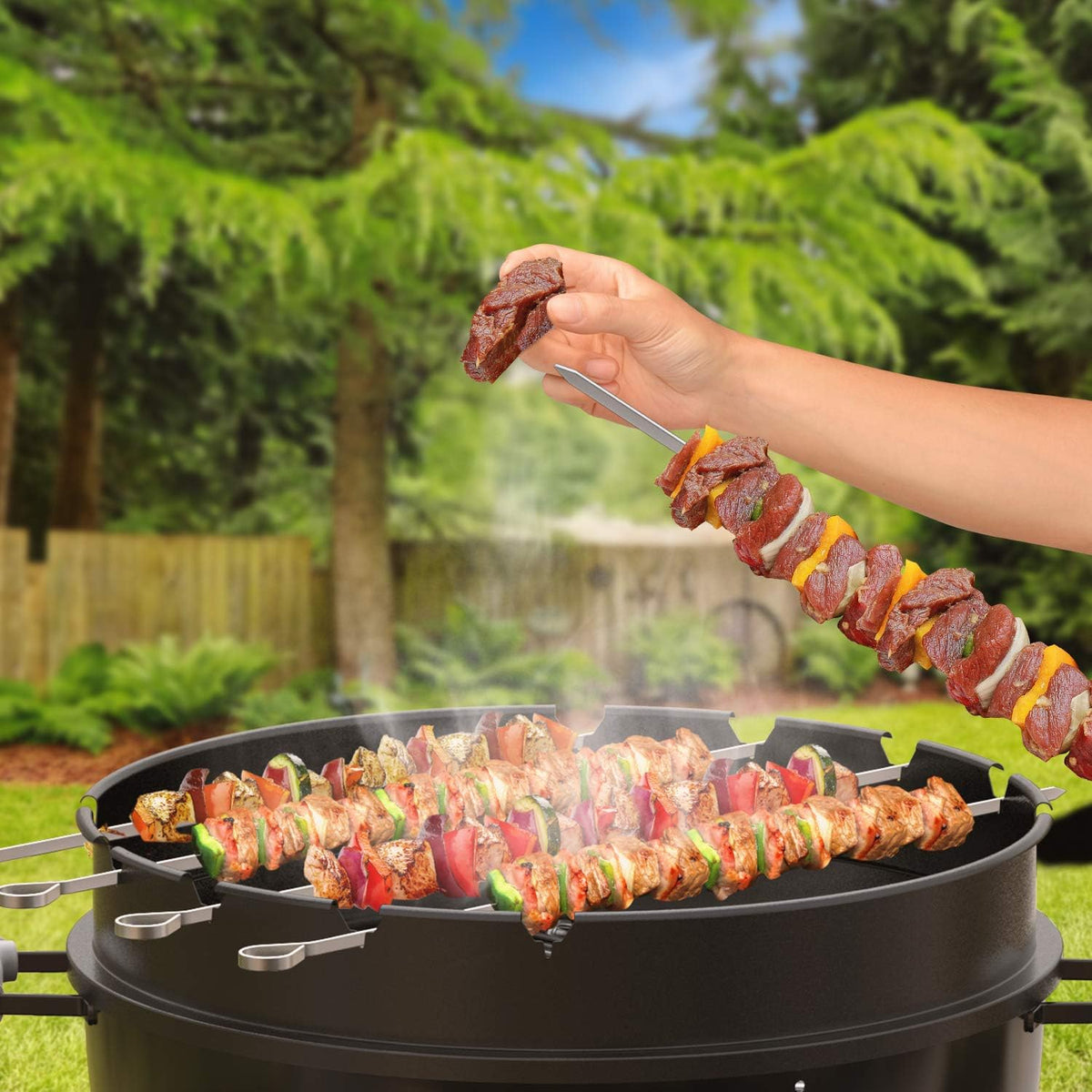 only fire Rotisserie Ring with Kabob Skewer Set for Weber 22 1/2 Inch Kettle and Other Similar Kettle Charcoal Grills