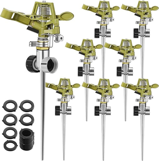 Chengu 8 Set Zinc Alloy Water Sprinklers Heads for Lawns Yard Heavy Duty Adjustable 360 Degree Watering Impact Pulsating Garden Sprinklers Multipack for Large Area Irrigation
