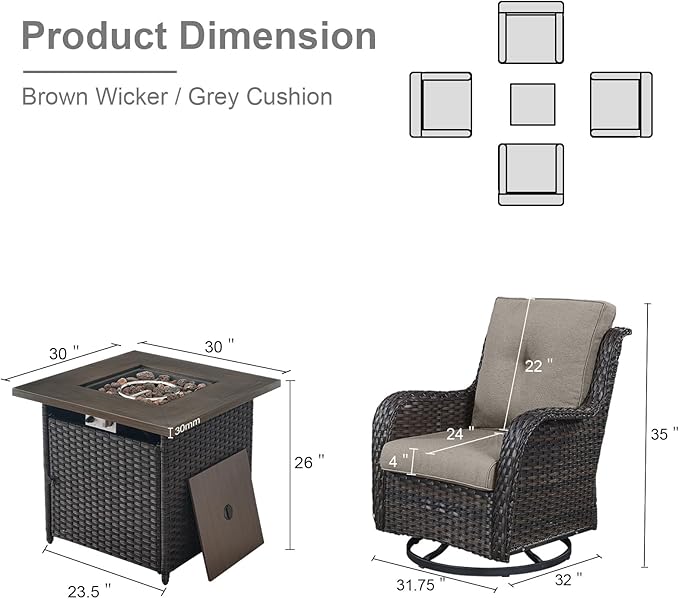 5 Pieces Patio Wicker Furniture Set - 4 Outdoor Swivel Rocker Glider Chairs with Propane Fire Pit Table, Warm Patio Conversation Set Grey Cushion Perfect for Casual Gathering