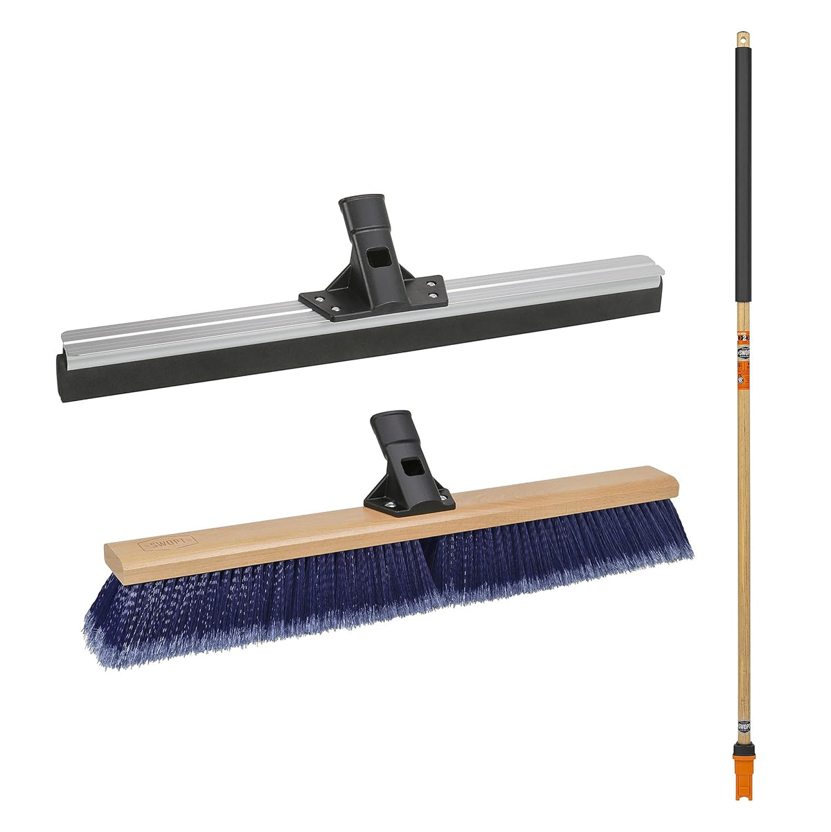 SWOPT 24” Floor Squeegee, 24” Multi-Surface Push Broom + 60" EVA Foam Comfort Grip Wooden Handle, Combo — 2 Cleaning Heads with Long Handle Interchangeable with SWOPT Cleaning Heads