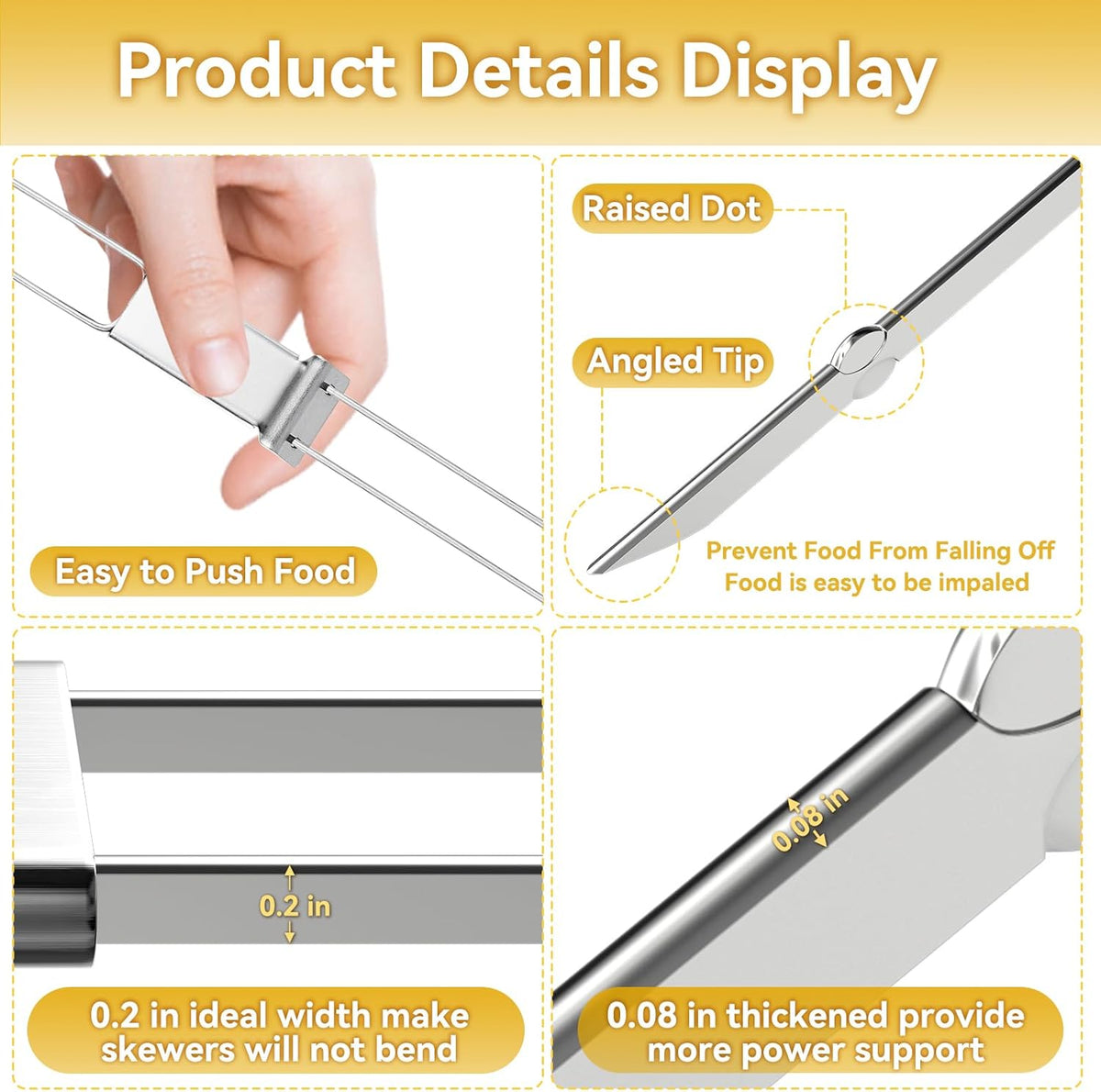 Metal Skewers for Kabobs - 17" 10 Pack Kabob Skewers with Push Bar Double Pronged Anti-Roll Flat BBQ Skewer for Grilling Stainless Steel Reusable Kebab Skewer for Meat Shrimp Chicken Veggie
