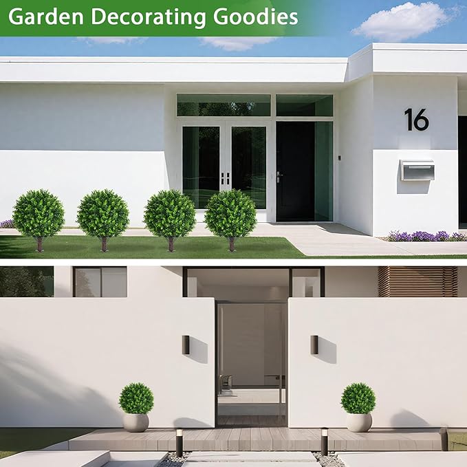Artificial Eucalyptus Topiary Ball Trees with Ground Spike, Set of 2 UV Resistant Artificial Shrubs, Fake Evergreen Artificial Plant Bushes for Indoor Outdoor Front Porch Garden