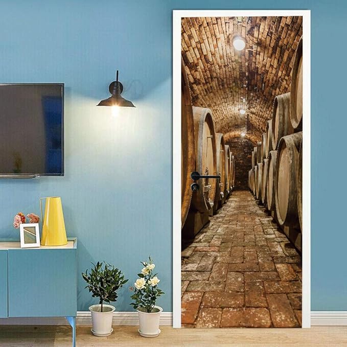 3D Door Stickers Murals Peel and Stick - Wine Cellar - Door Wallpaper Self-Adhesive Door Decals Removable PVC Waterproof Door Poster for Bedroom Living Room Door Decoration 33.9" x 78.7"
