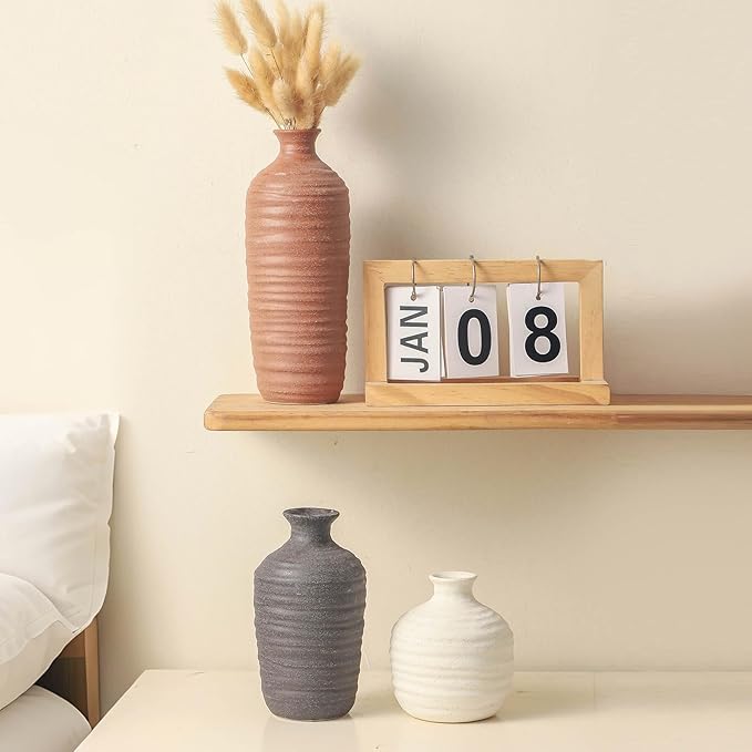 Ceramic Vase Set of 3 Neutral Decorative Vase for Farmhouse, Boho, or Rustic Home Decor Pottery Vases for Pampas Grass Living Room Bedroom Table Mantel Entryway Shelf (01-Brown)