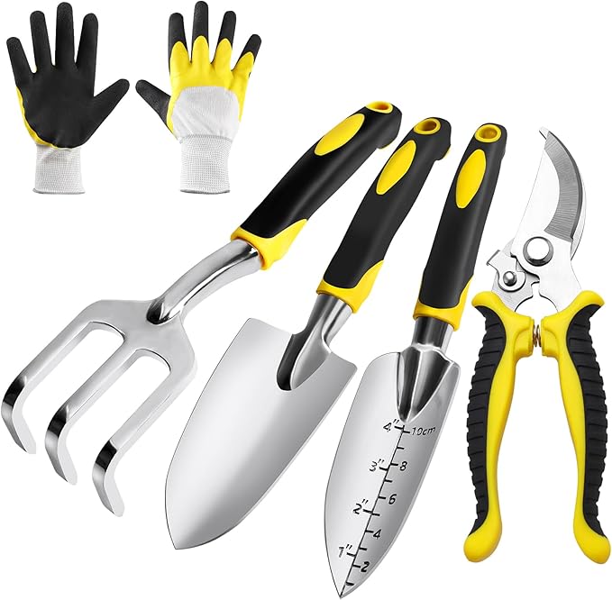 5 Pcs Gardening Tools Set with Heavy Duty Cast-Aluminium Heads and Non-Slip Rubber Grip, Including Transplanting Spade, Trowel, Cultivator, Pruner and Gardening Gloves, Great Gift for Woman