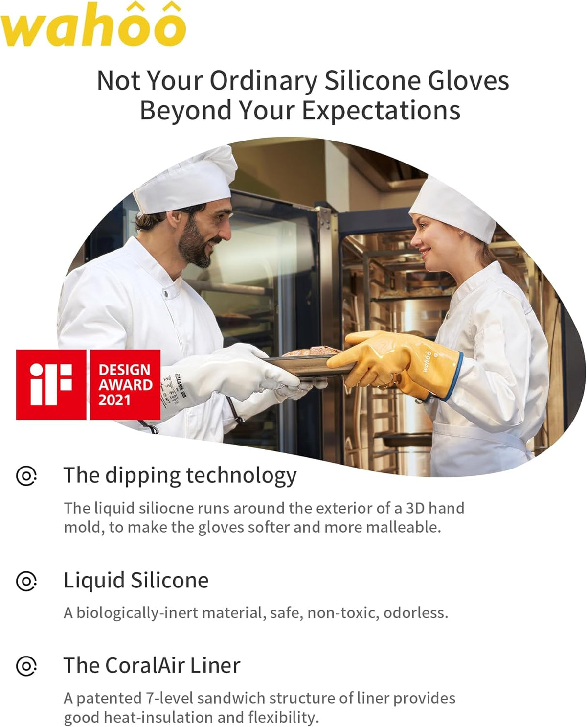 wahoo Professional Liquid Silicone Oven Mitts Gloves, Heat Resistant Gloves for Cooking, Baking, CoralAir Liner, 12 Inch, Yellow, Large