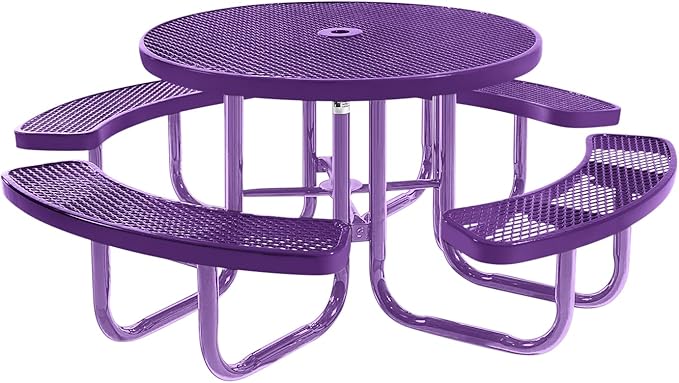 Heavy-Duty Portable Outdoor Picnic Table with Umbrella Hole, Expanded Metal Commercial-Grade Patio Furniture Made in America (46" Round Top, Purple with Purple Frames)