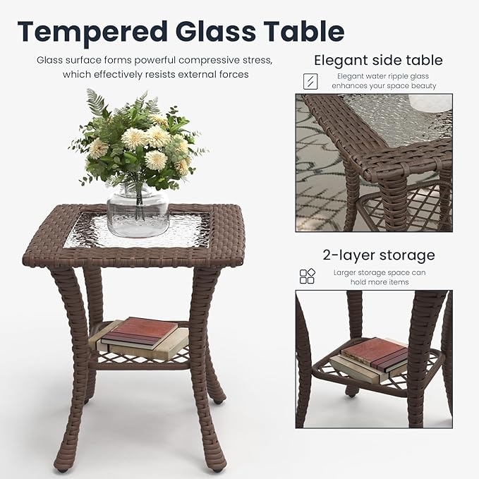 3 Pieces Outdoor Patio Furniture Sets with Single Chairs with 6-inch Thick Cushion and Side Table for Deck Lawn